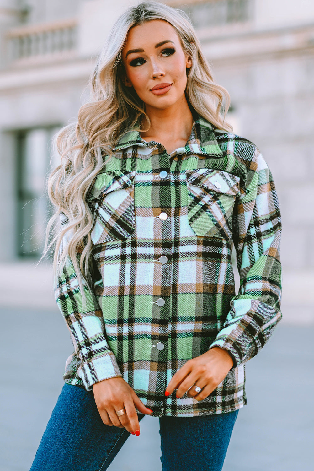 Plaid Pocketed Button Down Shacket  Shirts & Tops- Doll Fits