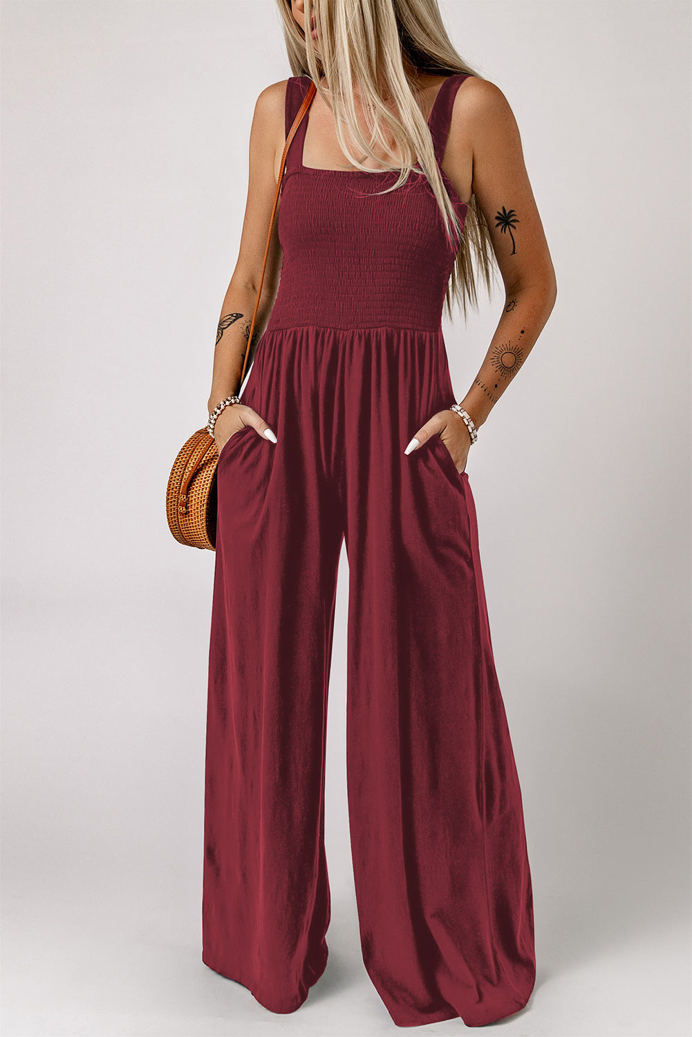 Smocked Square Neck Wide Leg Jumpsuit with Pockets  Jumpsuits & Rompers- Doll Fits