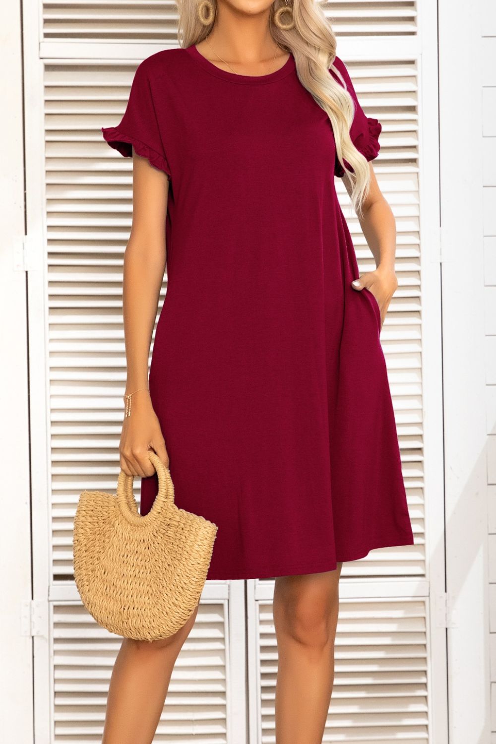 Flounce Sleeve Round Neck Dress with Pockets  Dresses- Doll Fits
