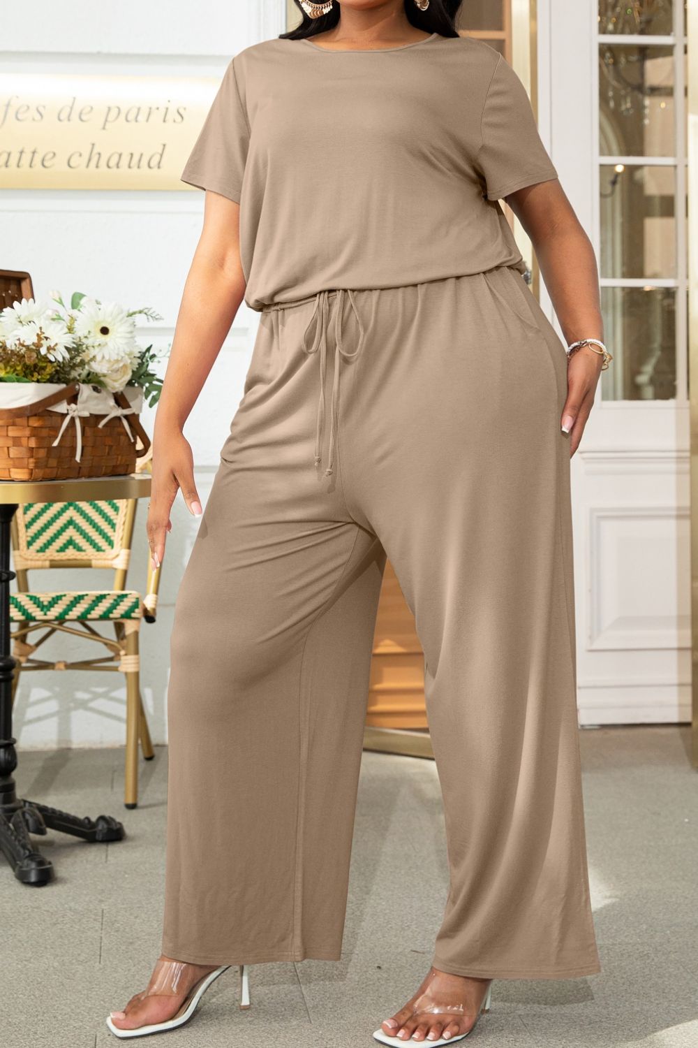 Plus Size Drawstring Waist Short Sleeve Jumpsuit  Jumpsuits & Rompers- Doll Fits