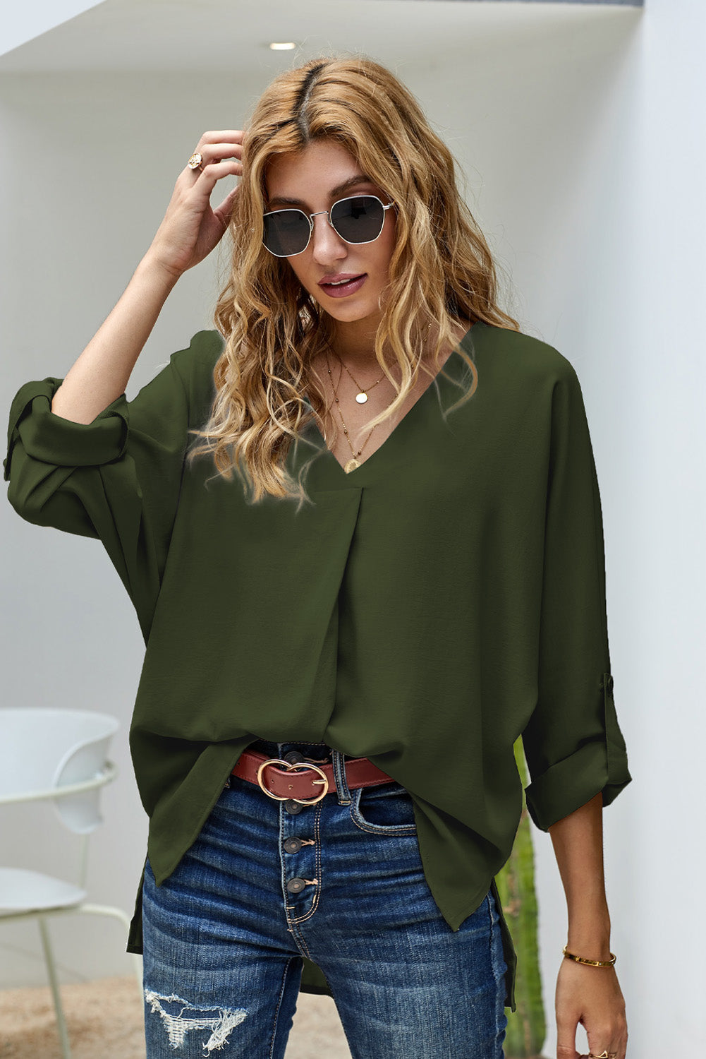V-Neck Roll-Tab Sleeve Blouse  Shirts & Tops- Doll Fits