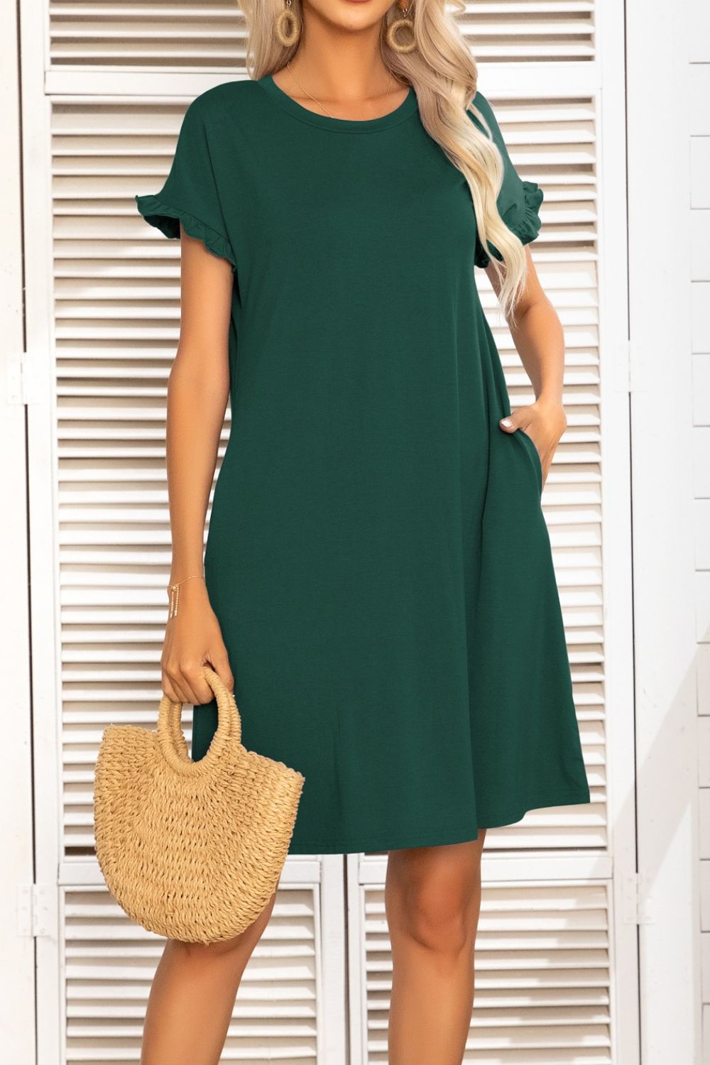 Flounce Sleeve Round Neck Dress with Pockets  Dresses- Doll Fits