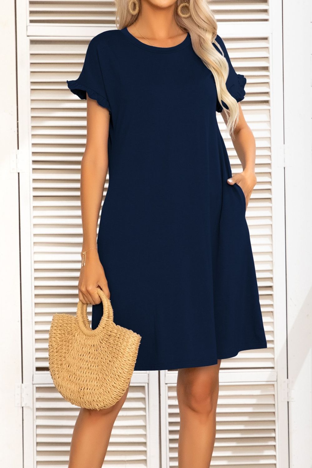 Flounce Sleeve Round Neck Dress with Pockets  Dresses- Doll Fits