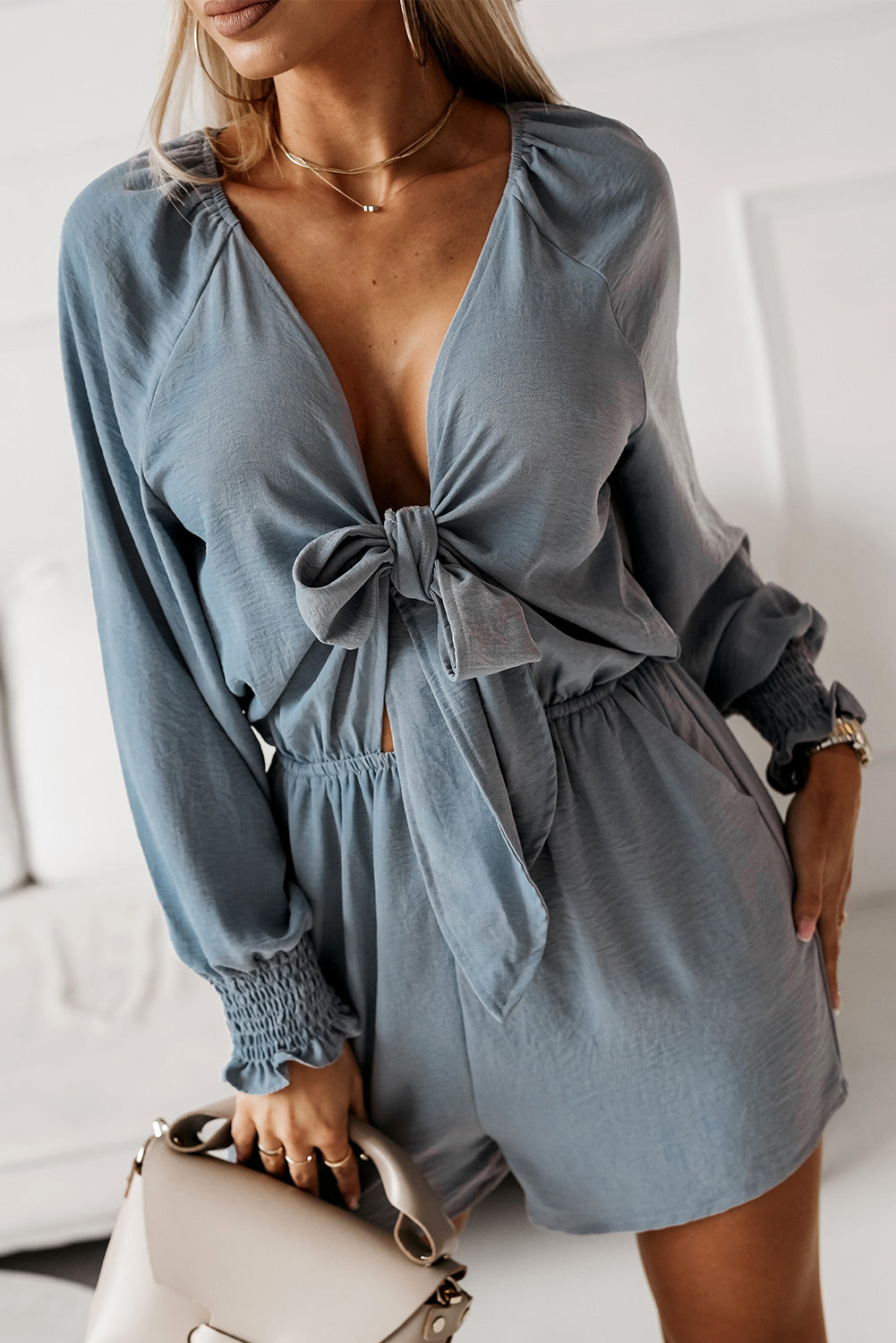 Tied Flounce Sleeve Plunge Romper  Jumpsuits & Rompers- Doll Fits