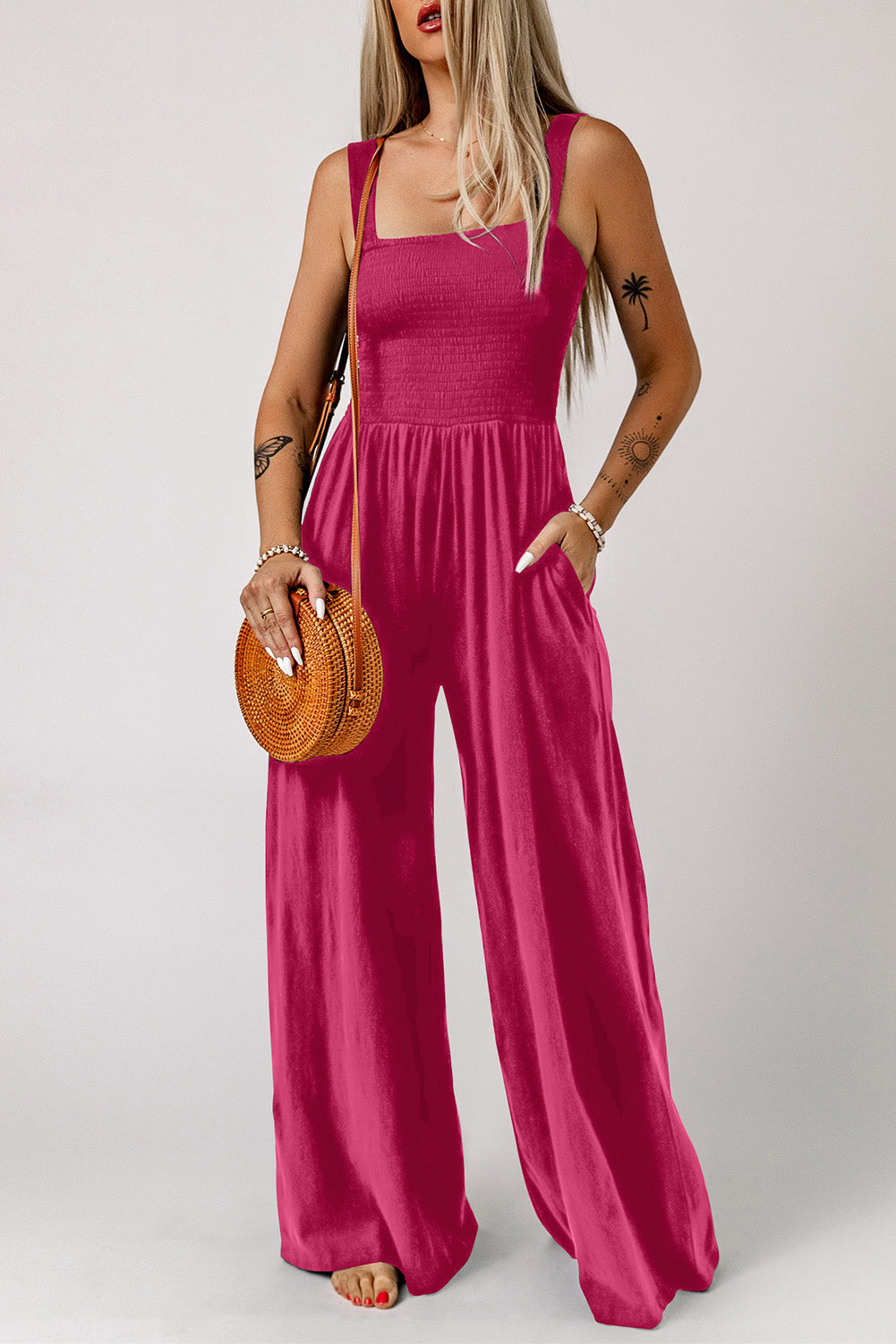 Smocked Square Neck Wide Leg Jumpsuit with Pockets  Jumpsuits & Rompers- Doll Fits