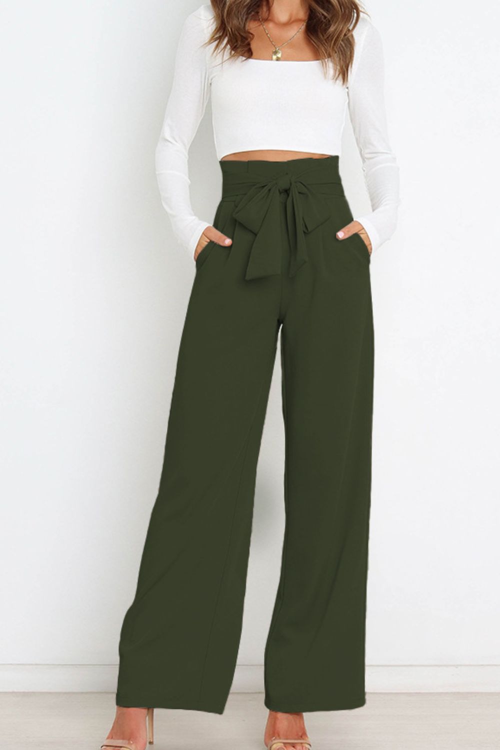 Tie Front Paperbag Wide Leg Pants  Pants- Doll Fits