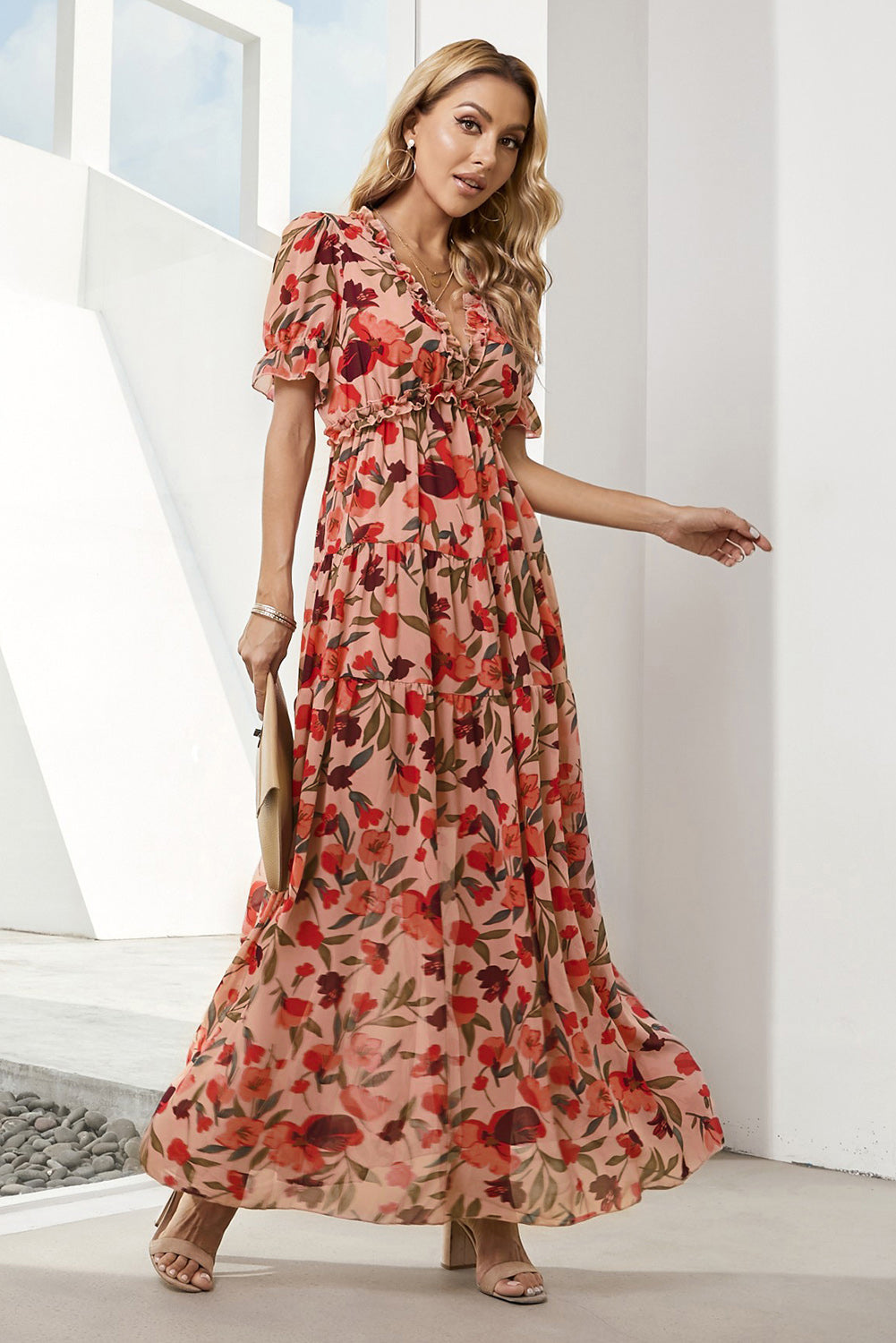 Floral V-Neck Short Flounce Sleeve Dress  Dresses- Doll Fits