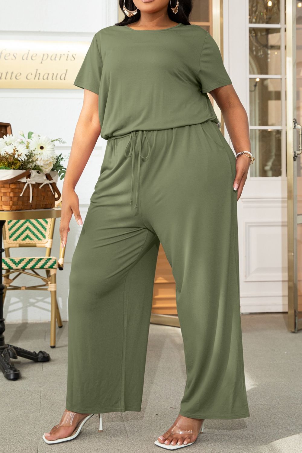 Plus Size Drawstring Waist Short Sleeve Jumpsuit  Jumpsuits & Rompers- Doll Fits