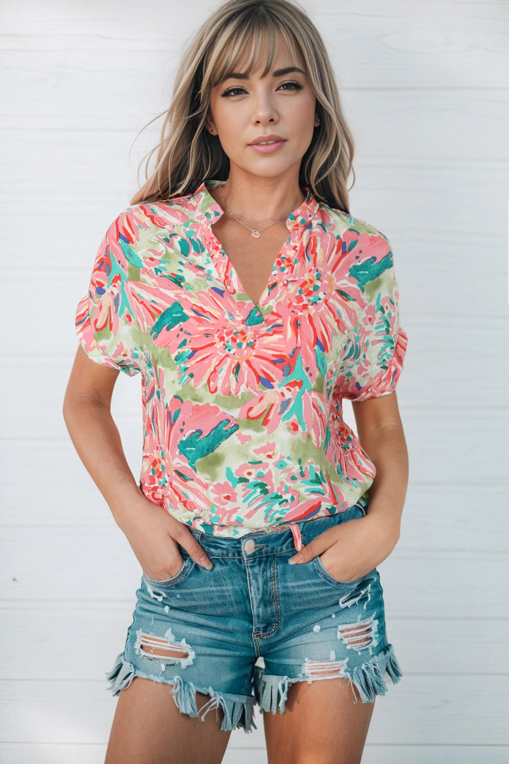 Floral Notched Neck Short Sleeve Top  Shirts & Tops- Doll Fits