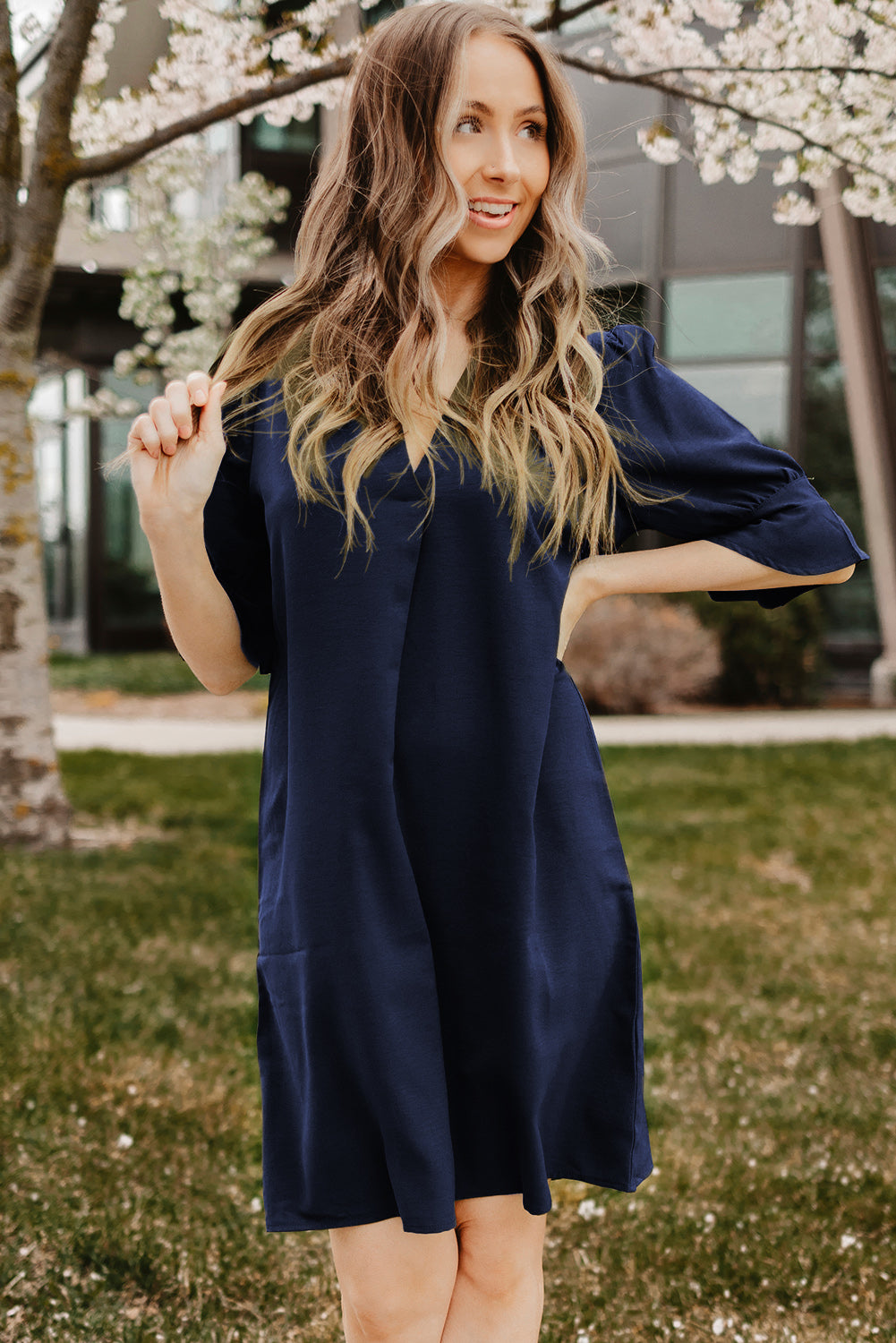 Puff Sleeve Notched Mini Shift Dress  Dresses- Doll Fits