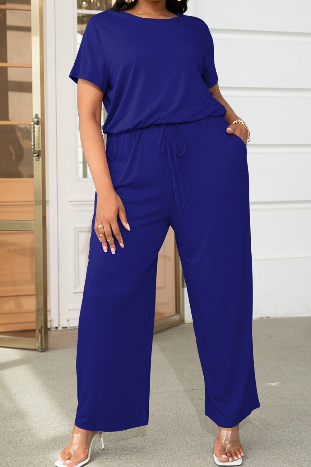 Plus Size Drawstring Waist Short Sleeve Jumpsuit  Jumpsuits & Rompers- Doll Fits