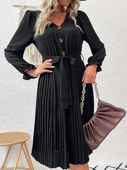 Decorative Button Belted Puff Sleeve Pleated Dress  Dresses- Doll Fits