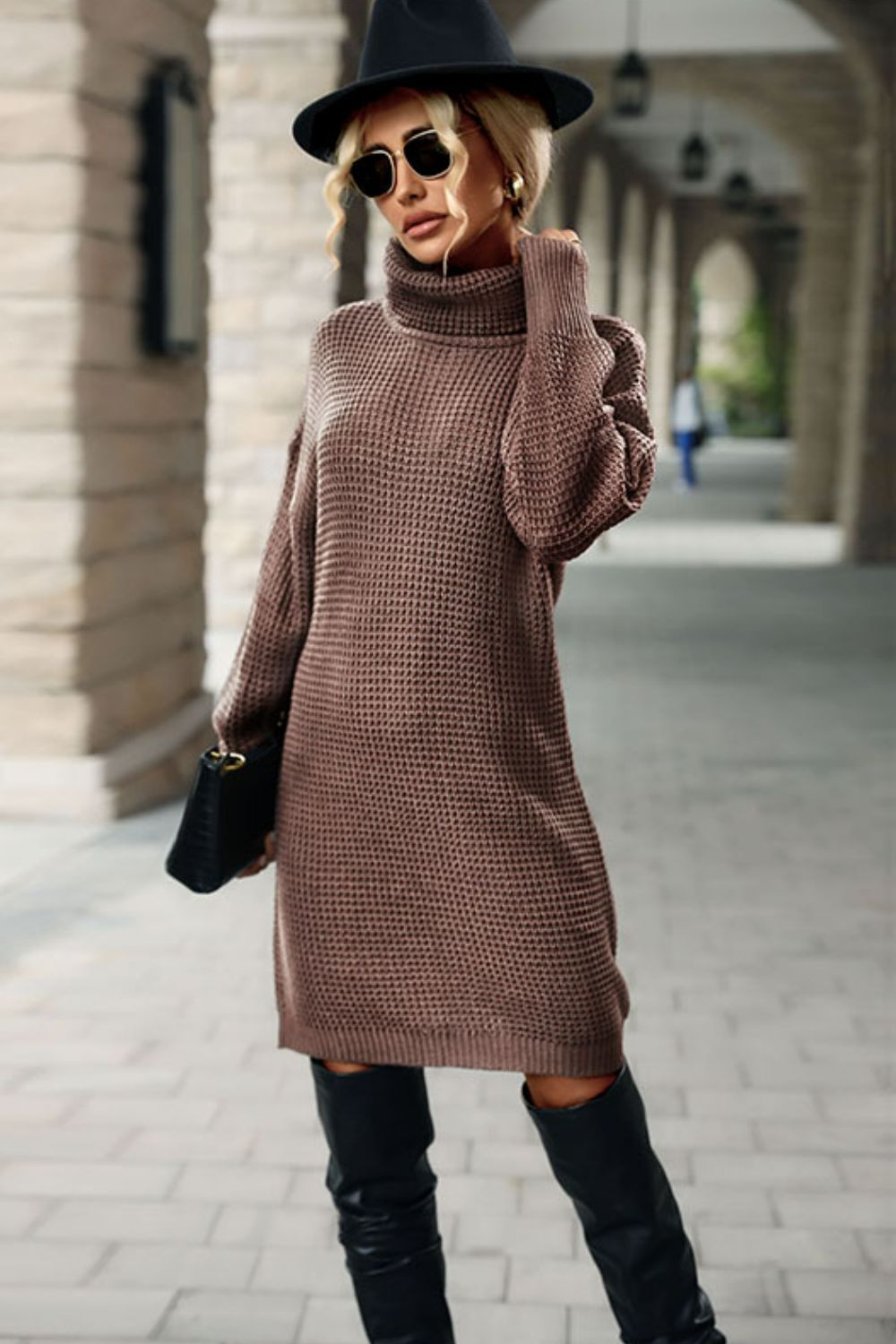 Turtleneck Dropped Shoulder Mini Sweater Dress  Dresses- Doll Fits