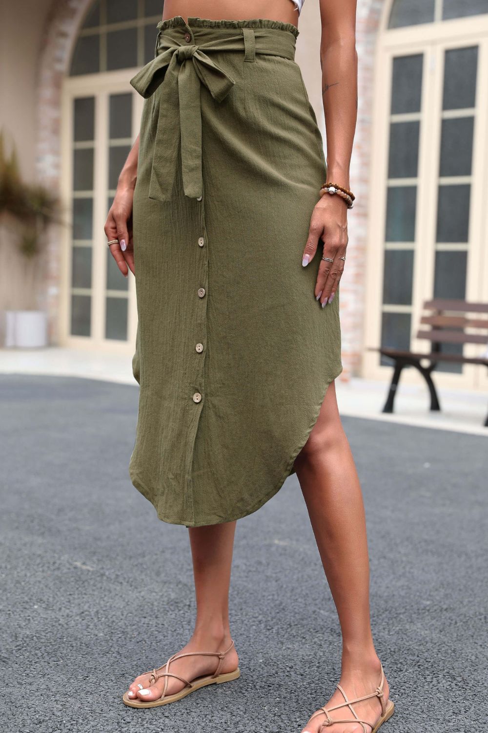 Tie Belt Frill Trim Buttoned Skirt  Skirts- Doll Fits