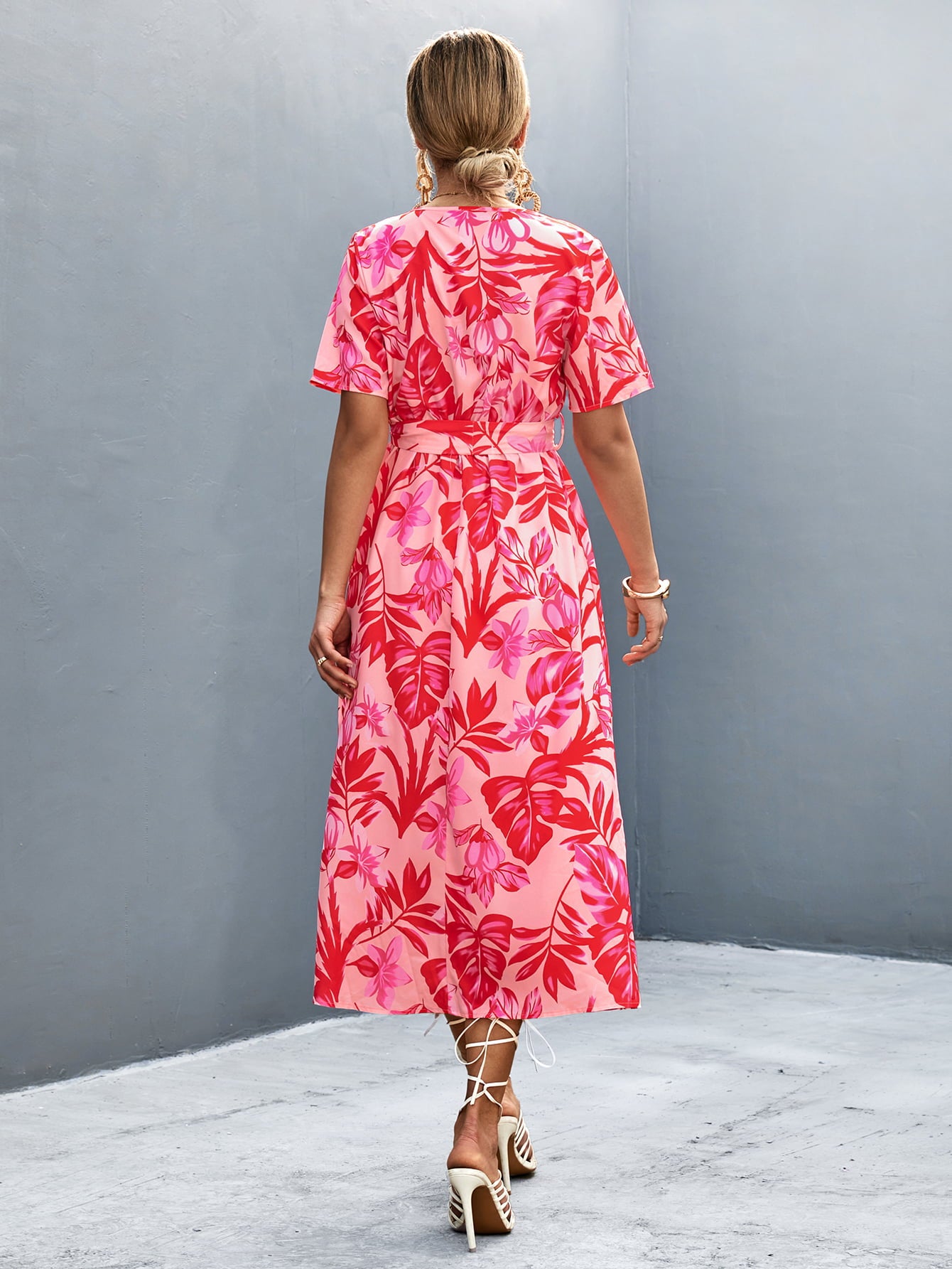 Floral Print High Slit Surplice Neck Tie Waist Midi Dress  Dresses- Doll Fits