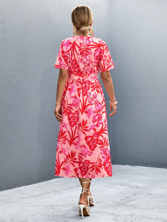 Floral Print High Slit Surplice Neck Tie Waist Midi Dress  Dresses- Doll Fits