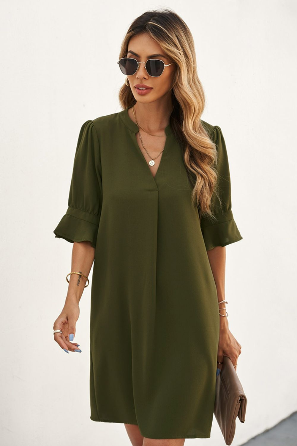 Puff Sleeve Notched Mini Shift Dress  Dresses- Doll Fits