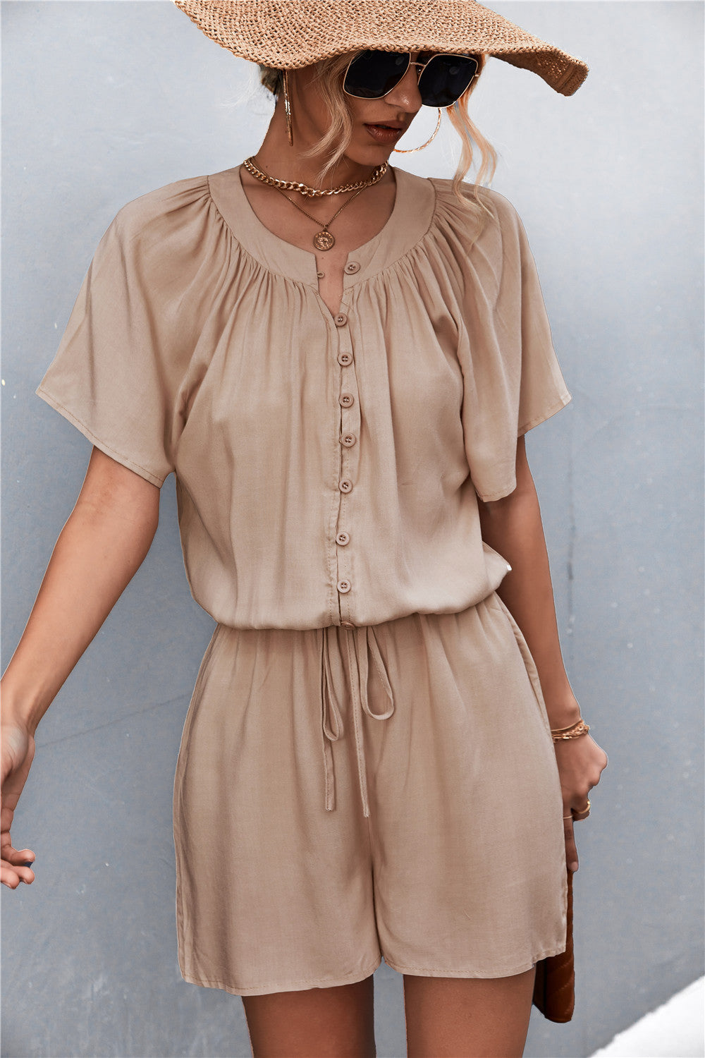 Buttoned Gather Detail Romper  Jumpsuits & Rompers- Doll Fits