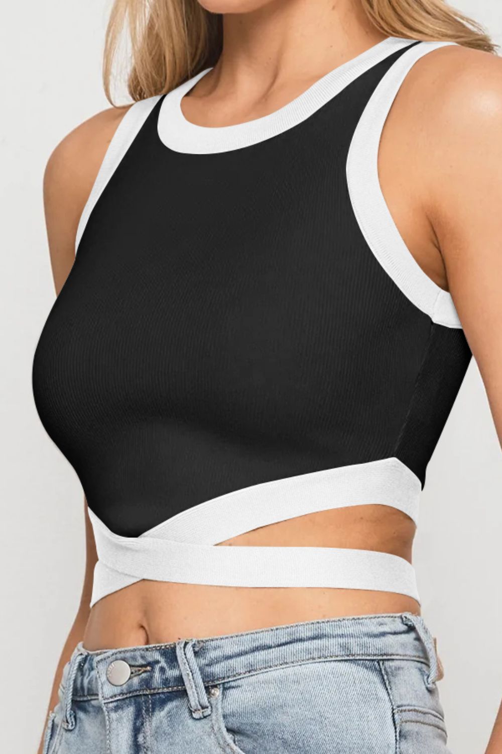 Contrast Tie Back Round Neck Tank  Shirts & Tops- Doll Fits