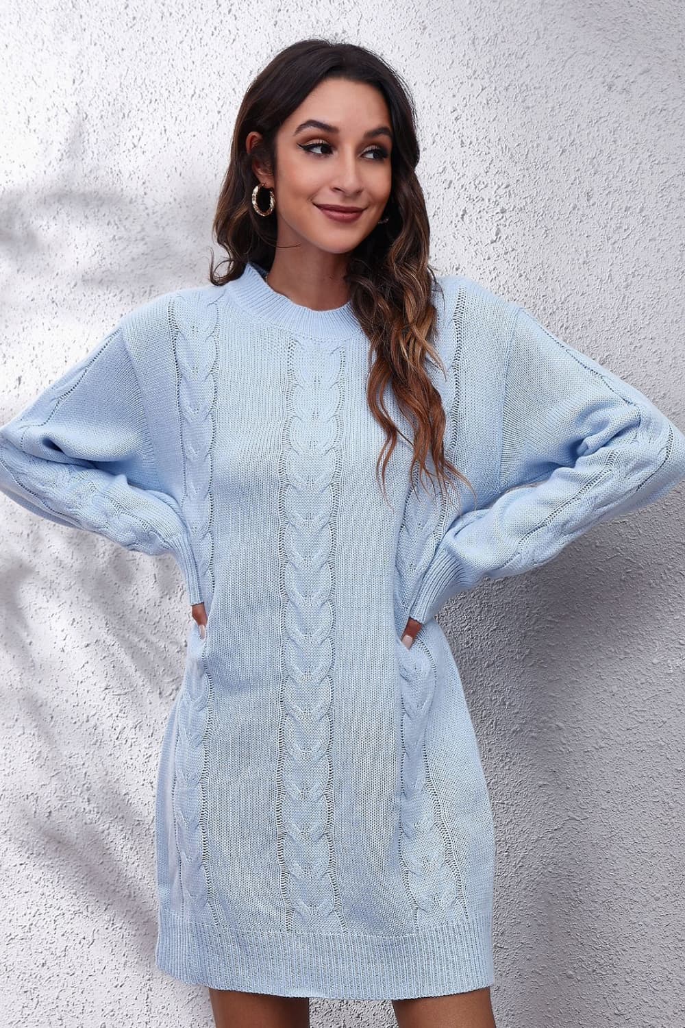 Cable-Knit Round Neck Sweater Dress  Dresses- Doll Fits