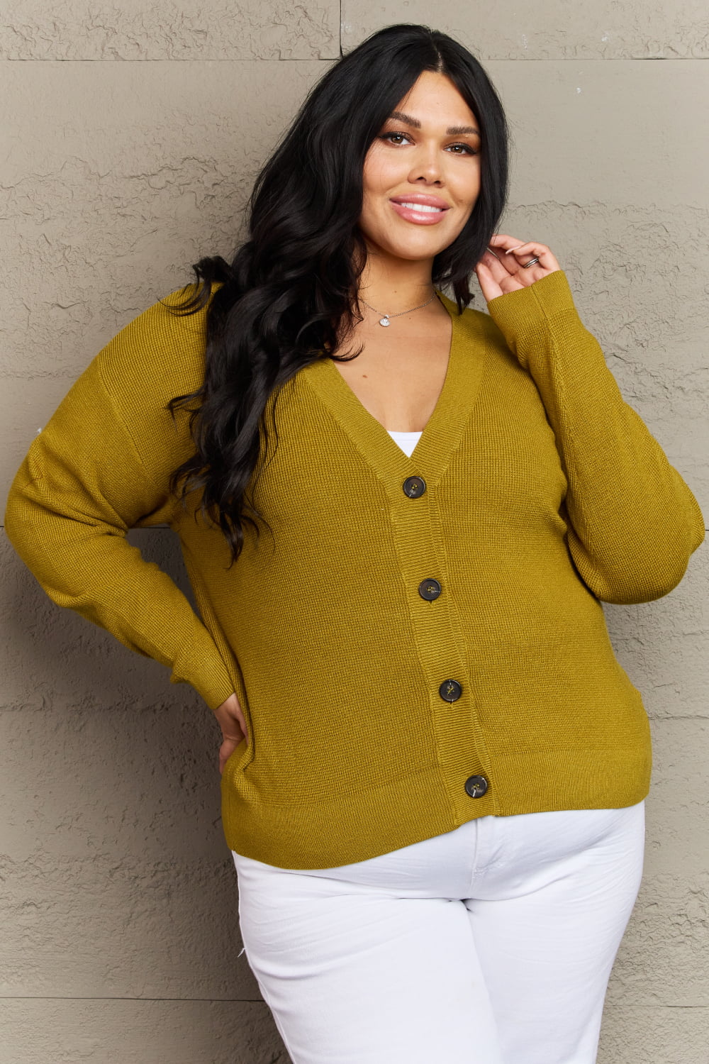 Zenana Kiss Me Tonight Full Size Button Down Cardigan in Chartreuse  - Doll Fits