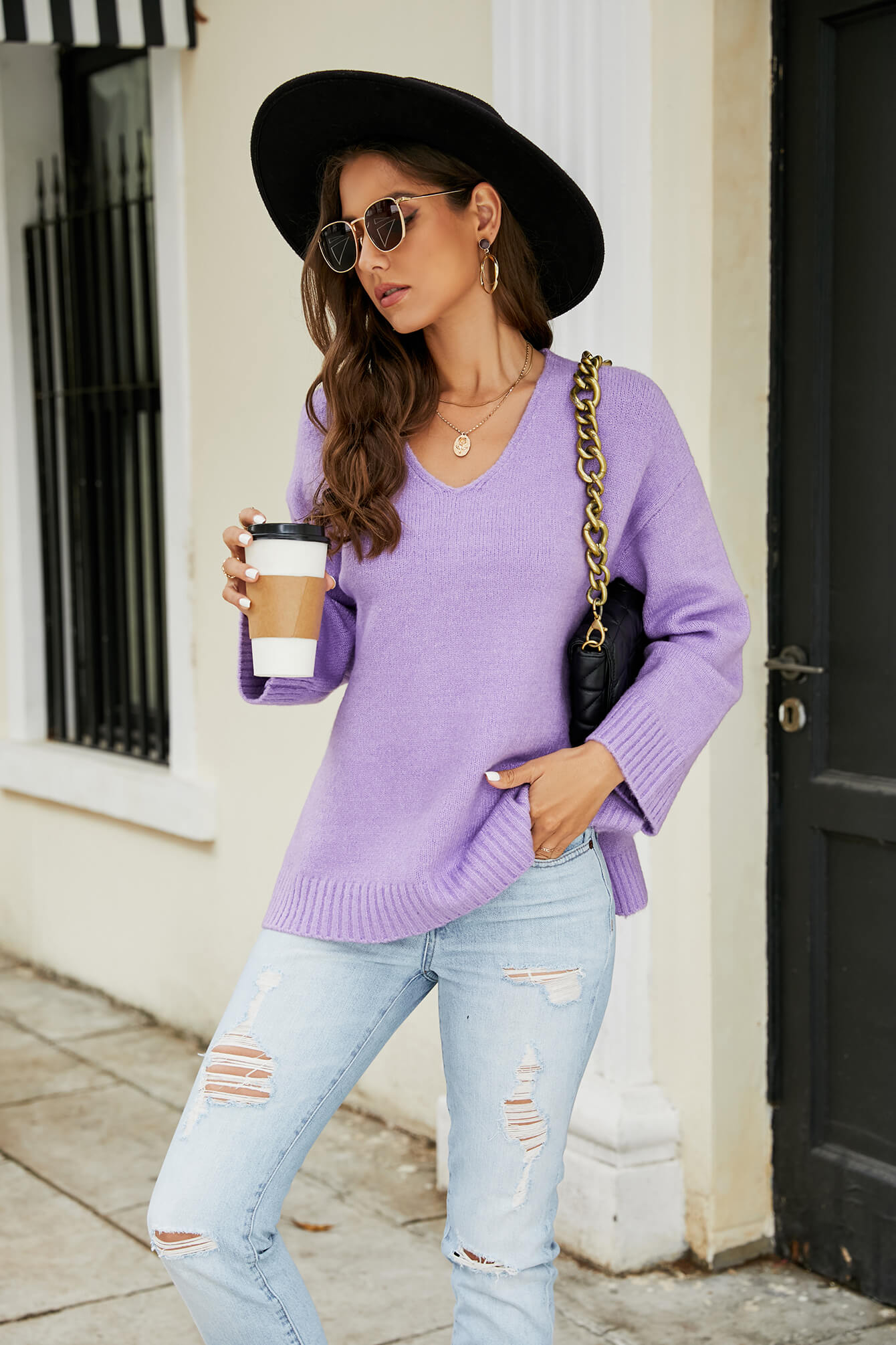 Drop Shoulder V-Neck Knit Pullover  Shirts & Tops- Doll Fits