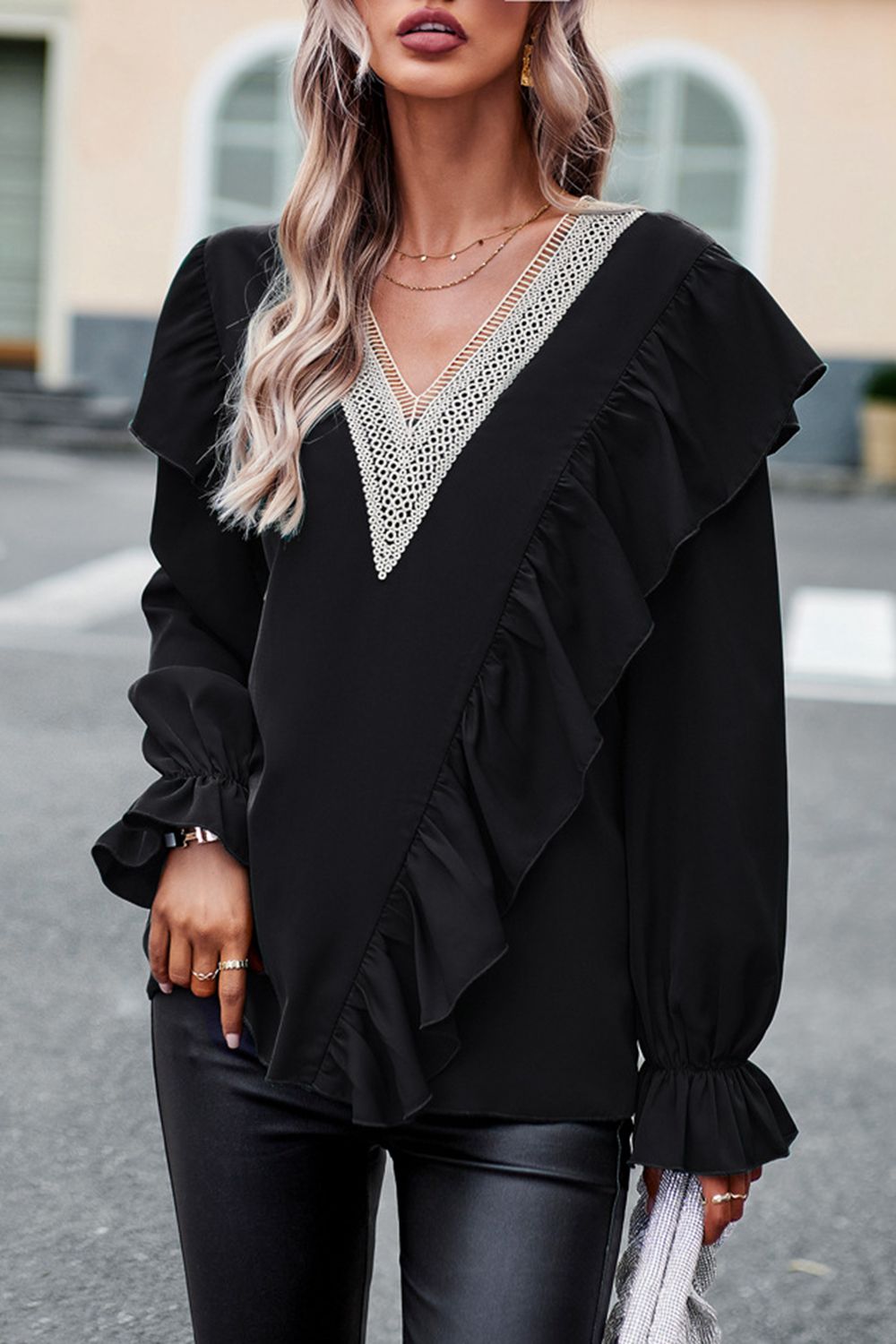 V-Neck Flounce Sleeve Ruffle Trim Blouse  - Doll Fits