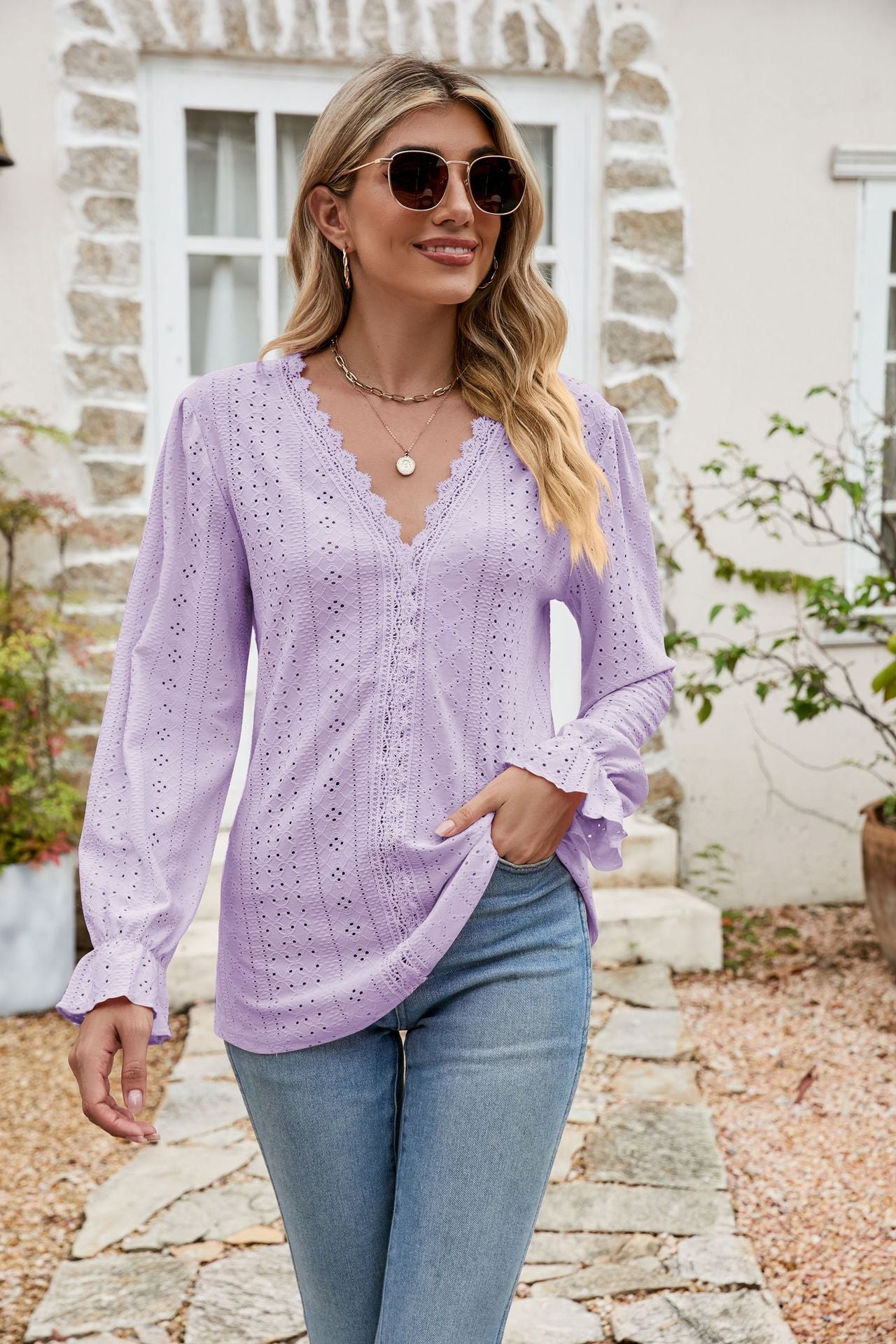 Eyelet Lace Trim Flounce Sleeve Blouse  Shirts & Tops- Doll Fits