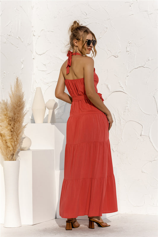 Halter Neck Tie Waist Tiered Maxi Dress  Dresses- Doll Fits