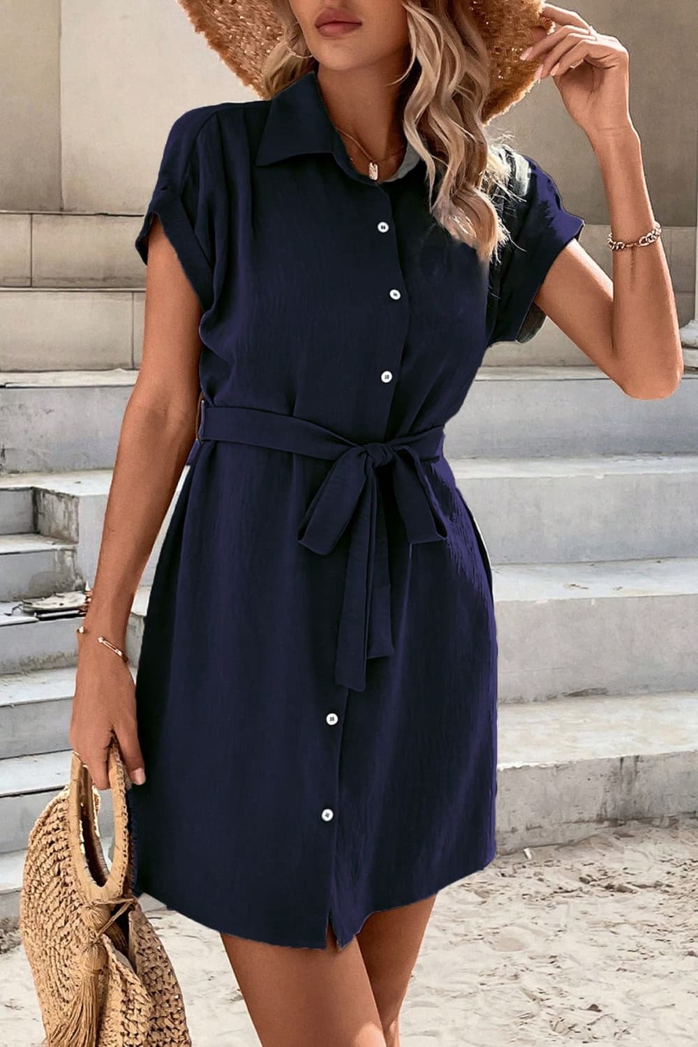 Button Down Collared Short Sleeve Dress  Dresses- Doll Fits
