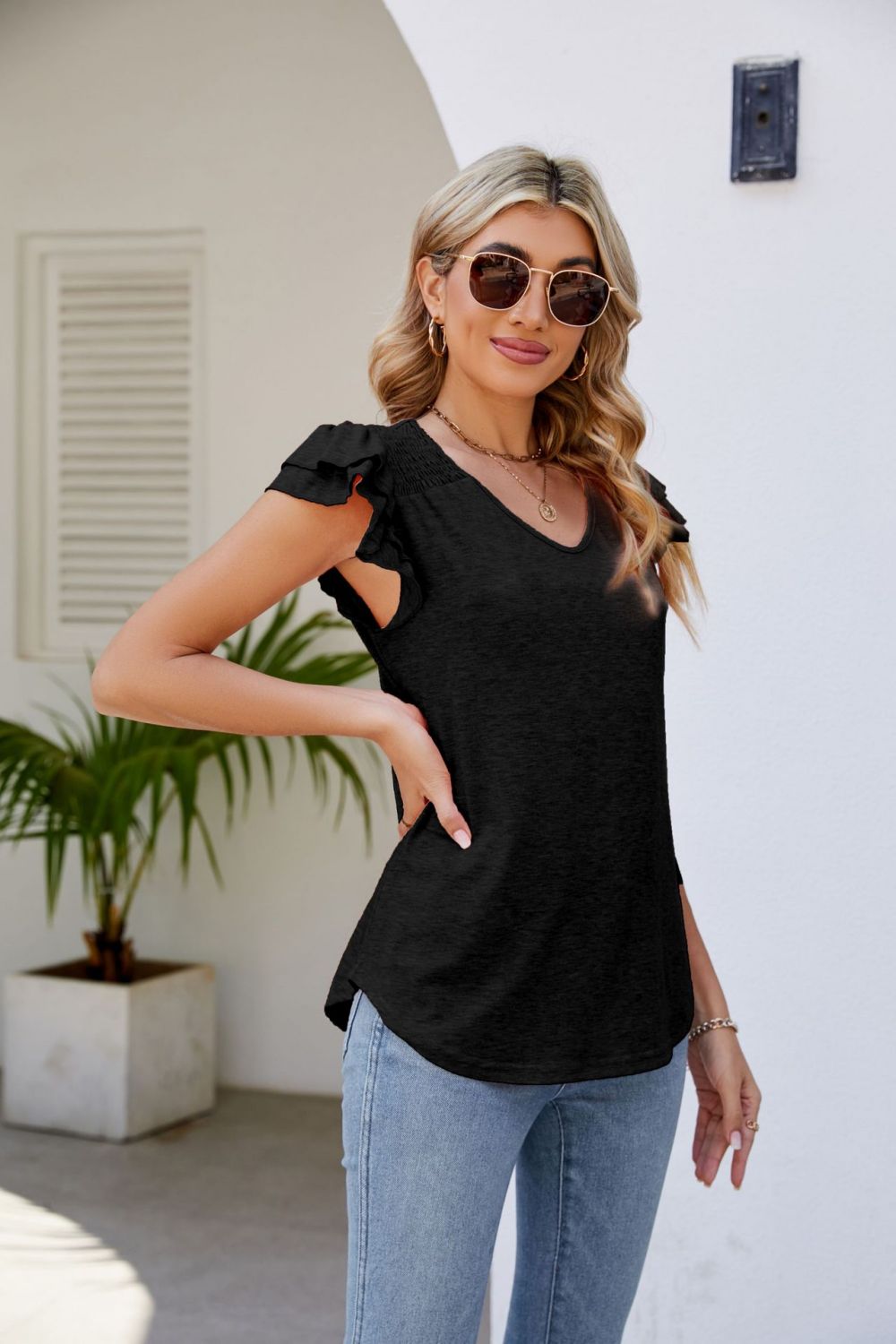 Smocked Flutter Sleeve V-Neck Top  Shirts & Tops- Doll Fits