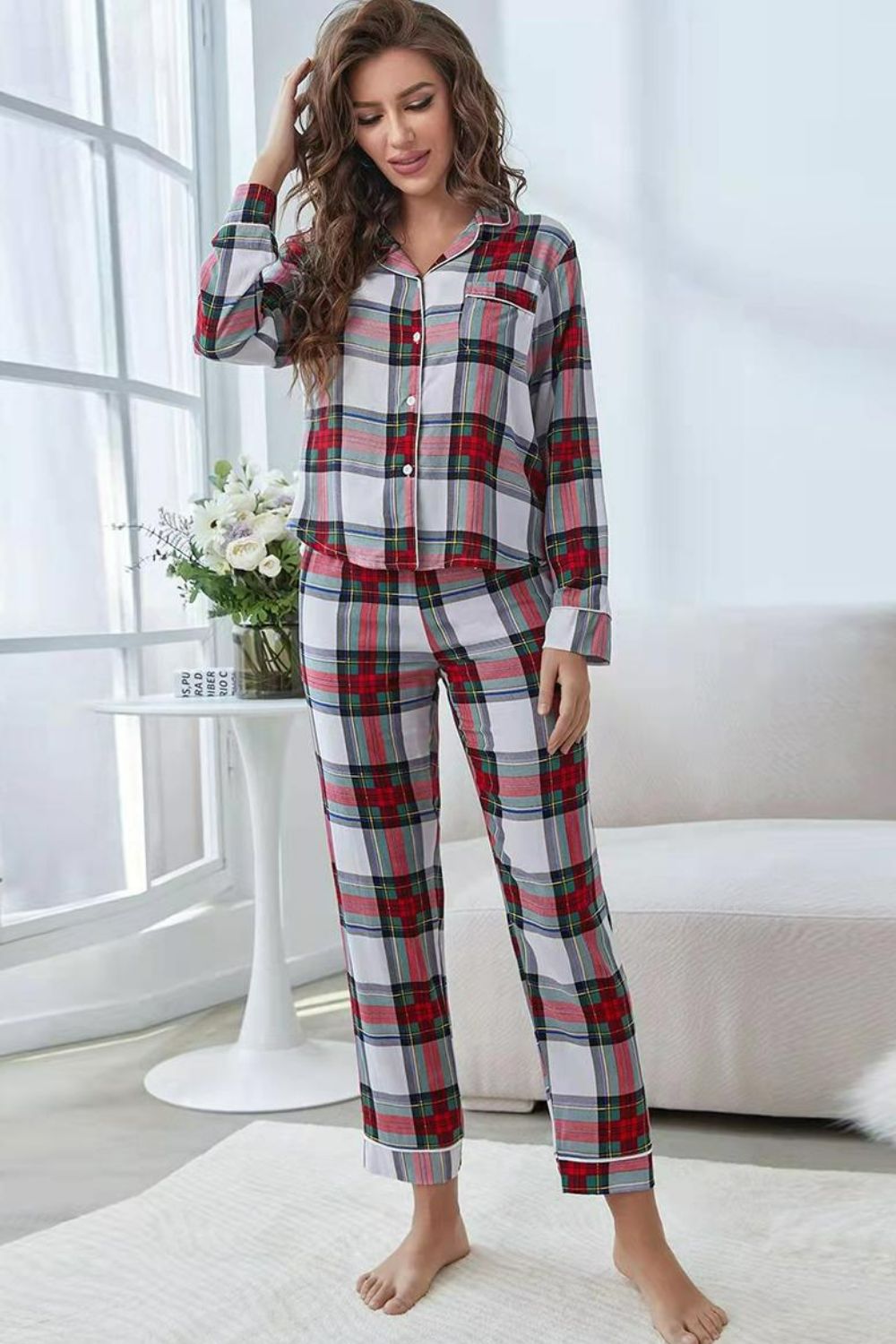 Plaid Button Front Top and Pants Lounge Set  Sleepwear & Loungewear- Doll Fits