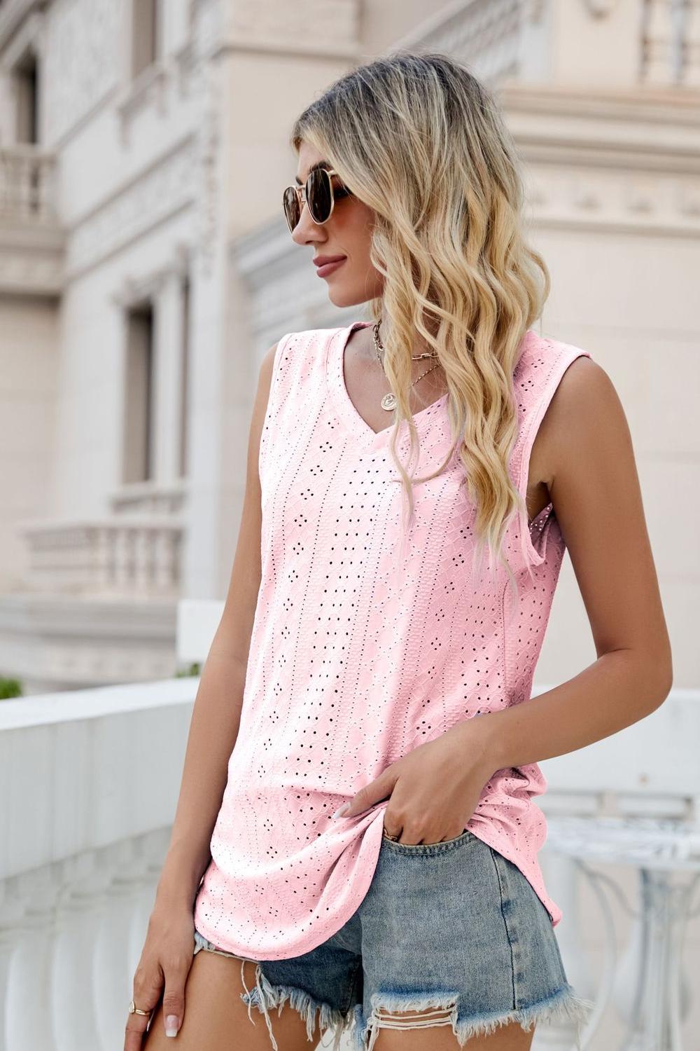 Eyelet V-Neck Tank  Shirts & Tops- Doll Fits