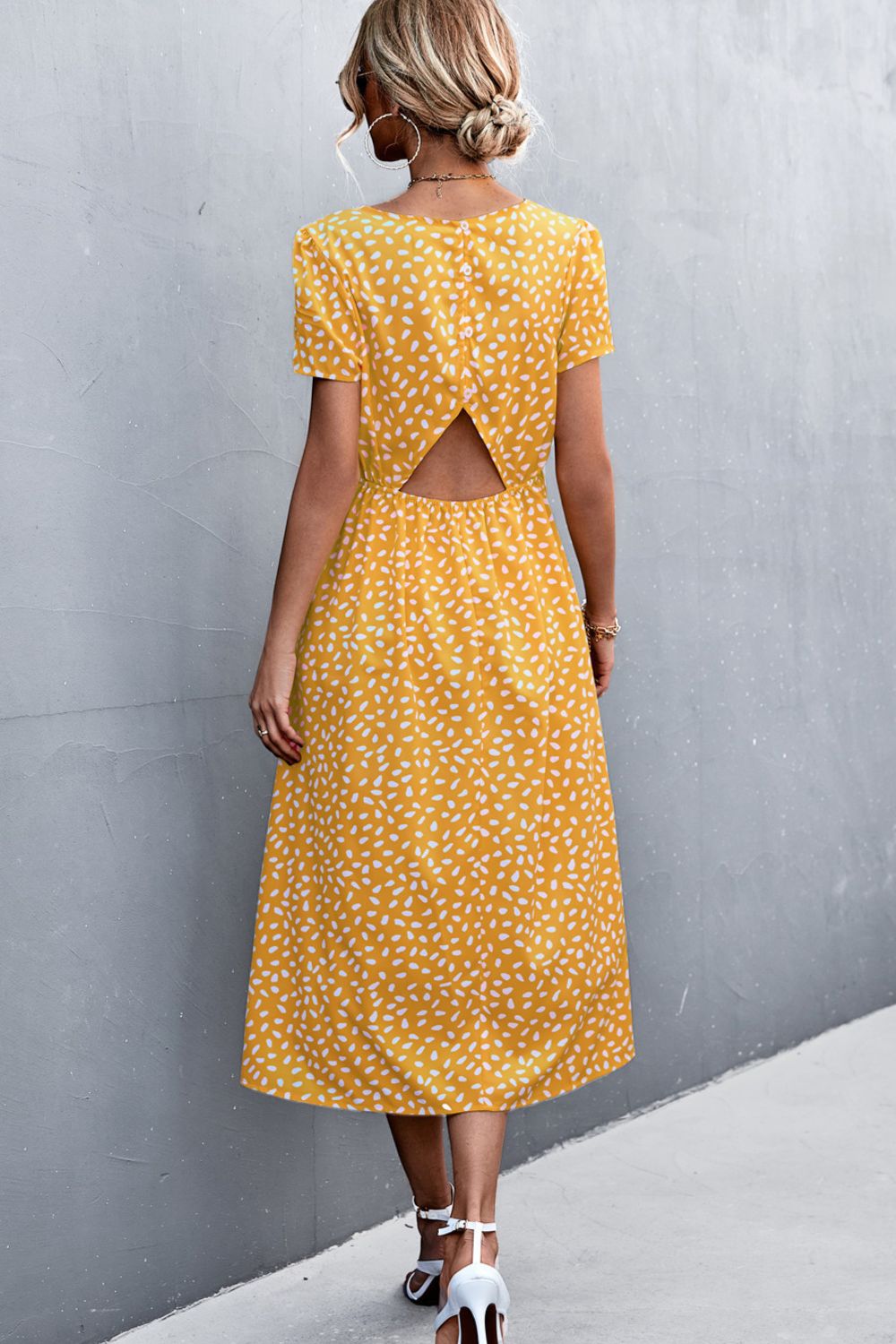 Printed Slit Cutout Midi Dress (Belt Not Included)  Dresses- Doll Fits