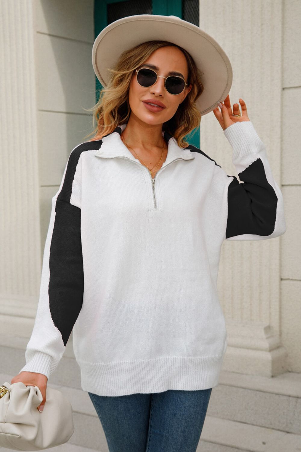 Contrast Quarter-Zip Collared Neck Sweater  Shirts & Tops- Doll Fits