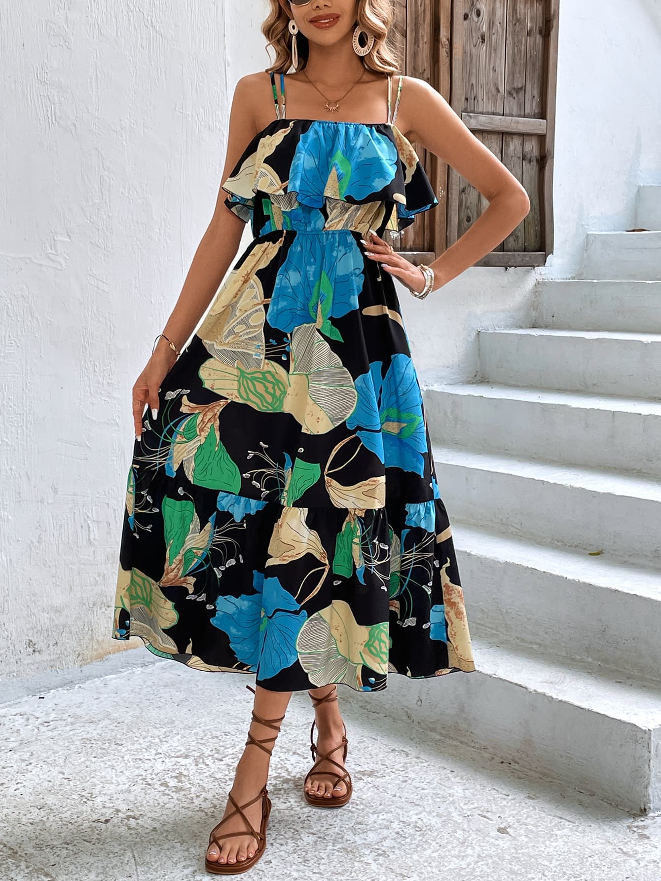 Floral Double-Strap Ruffle Hem Dress  Dresses- Doll Fits