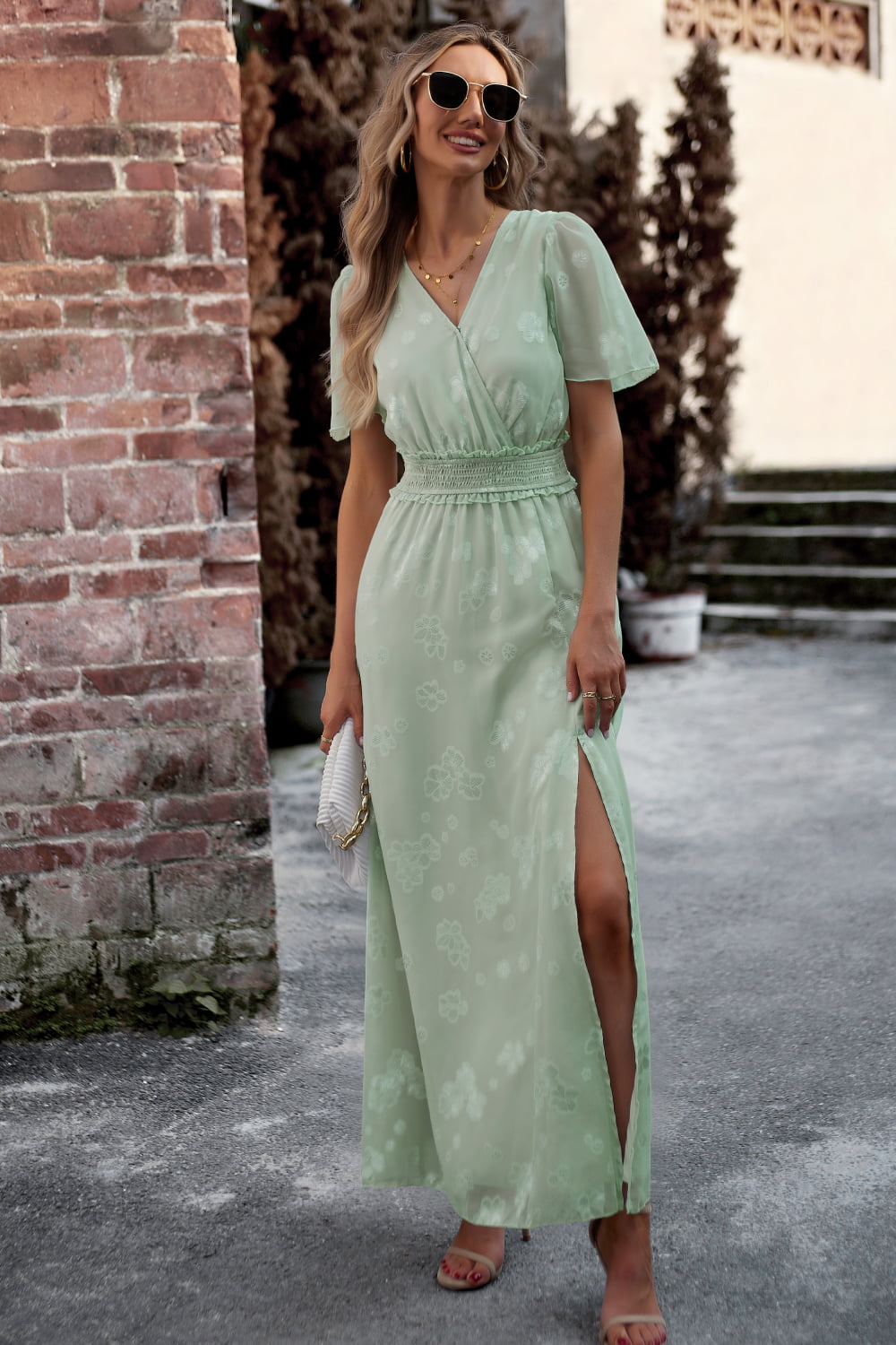 Floral Print V-Neck Smocked Waist High Slit Maxi Dress  Dresses- Doll Fits