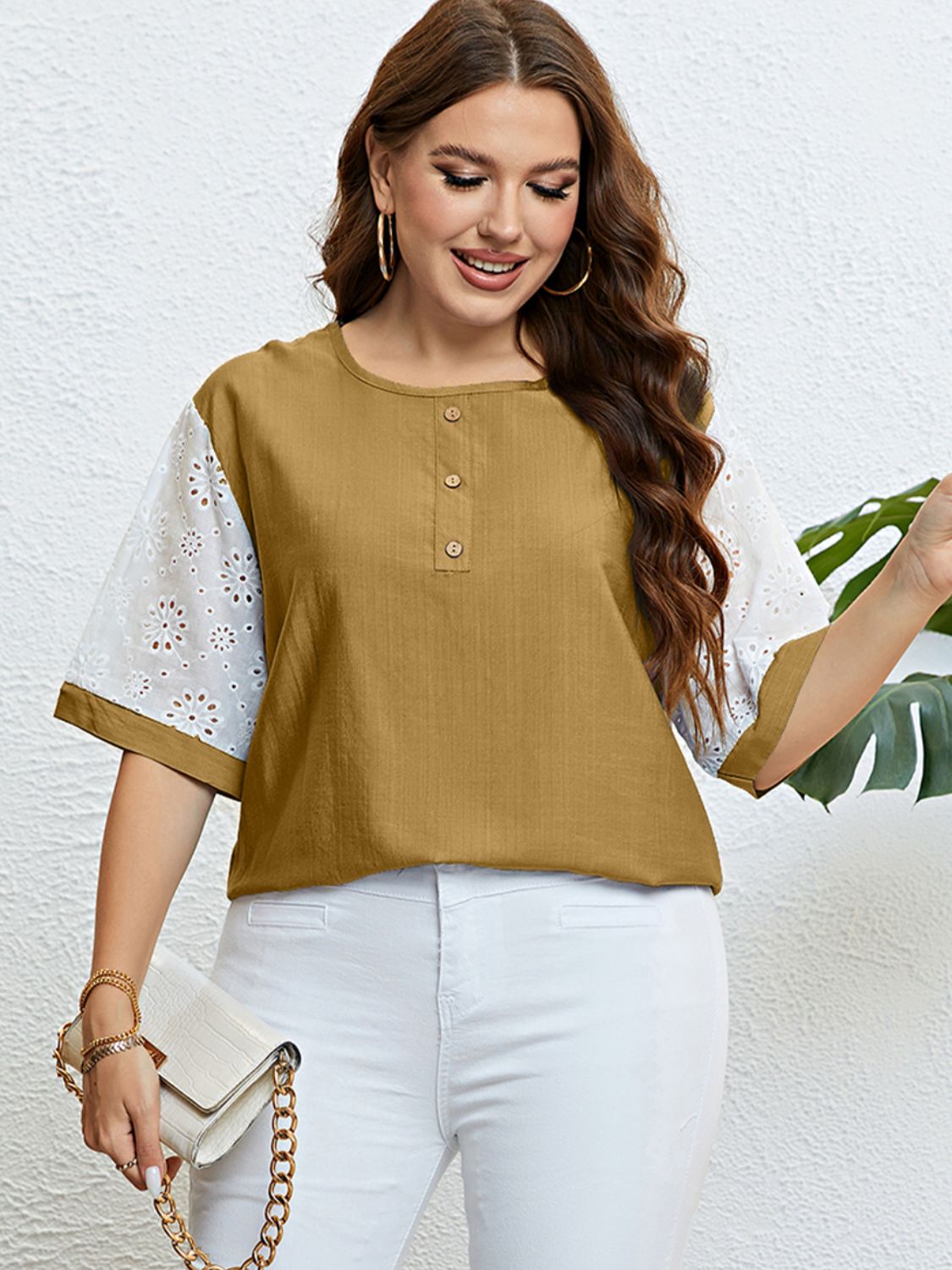 Plus Size Contrast Decorative Button Half Sleeve Top  Shirts & Tops- Doll Fits