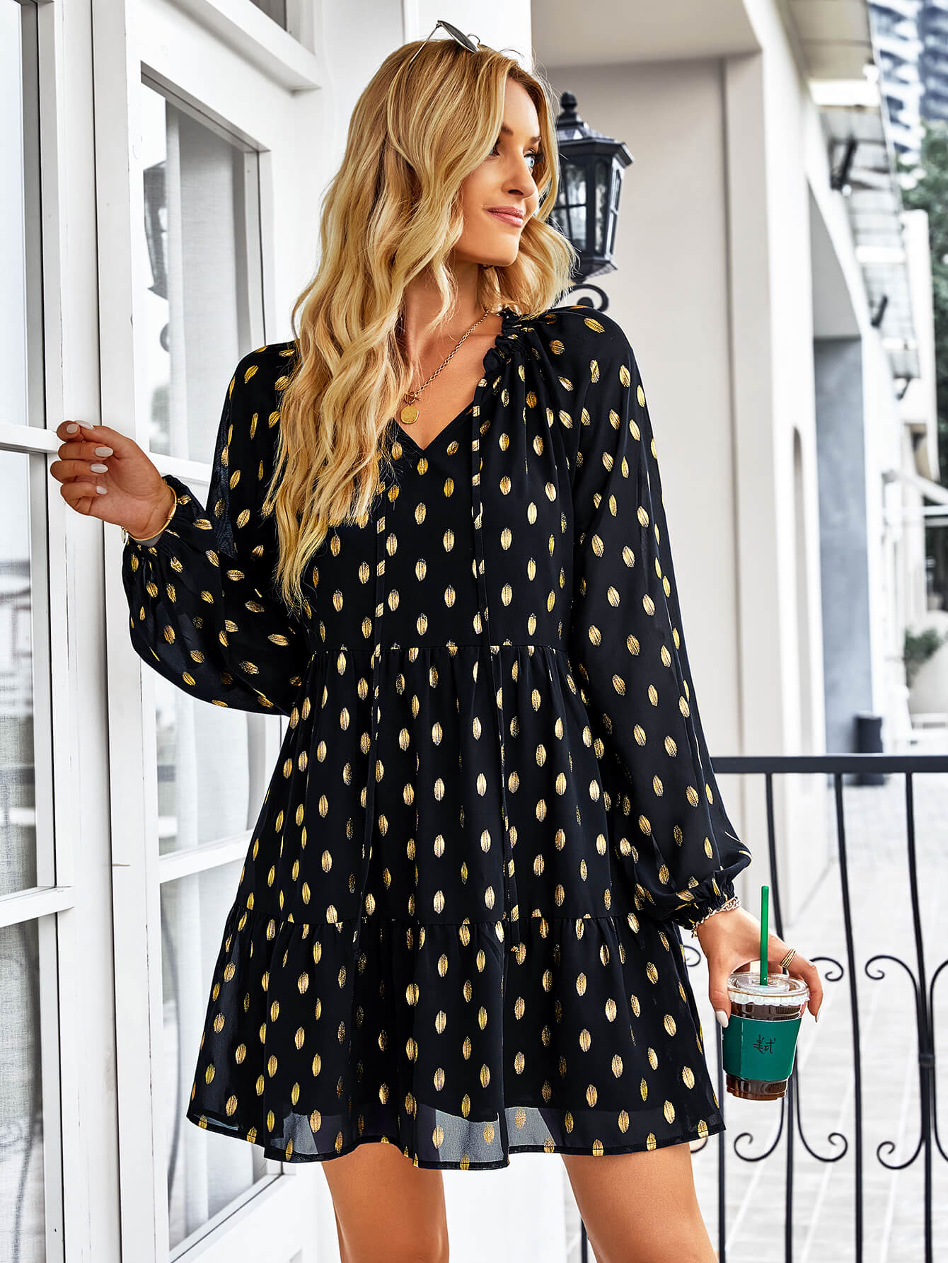 Dotted Tie-Neck Frill Trim Tiered Dress  Dresses- Doll Fits
