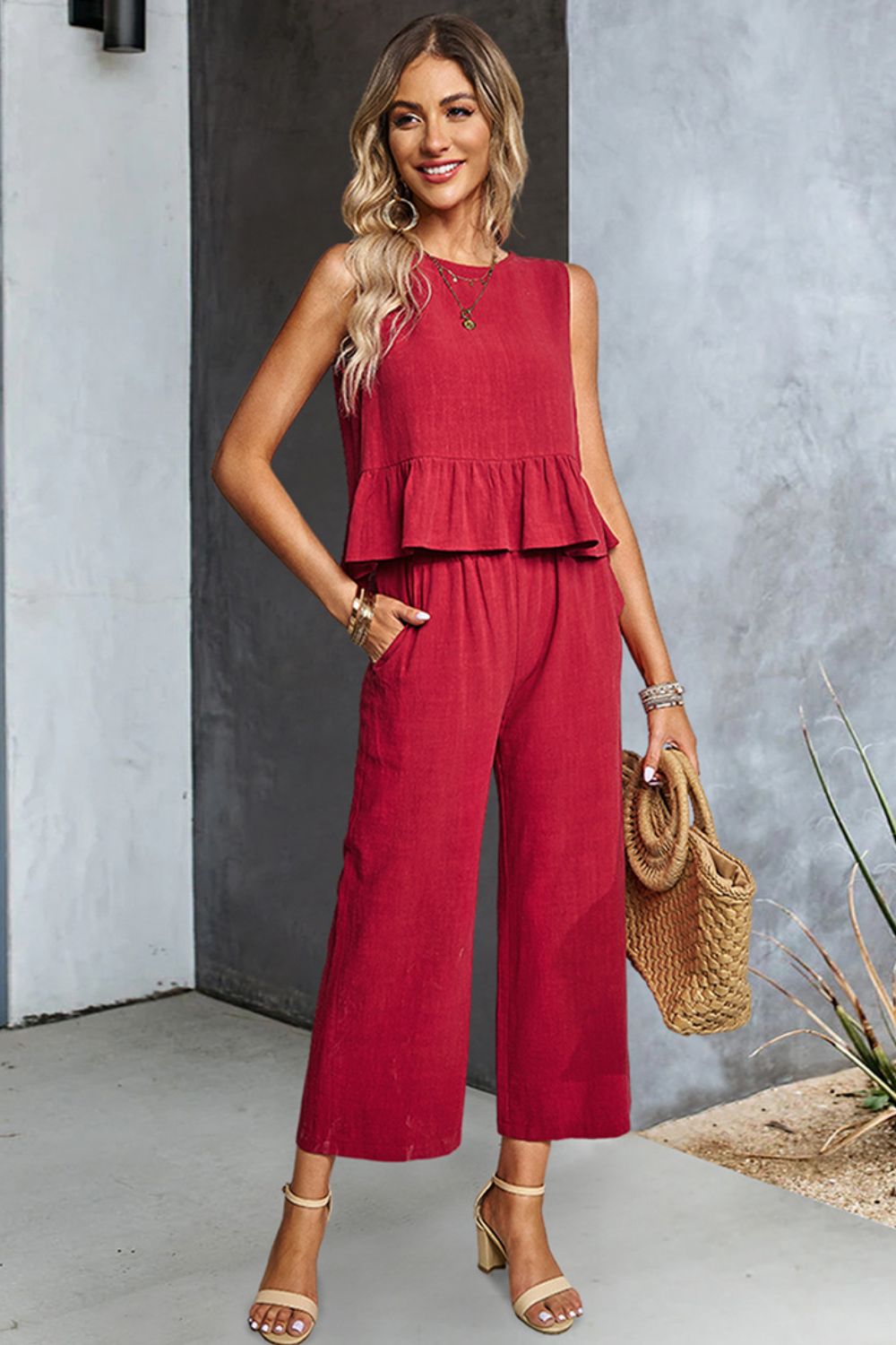 Decorative Button Ruffle Hem Tank and Pants Set  Outfit Sets- Doll Fits