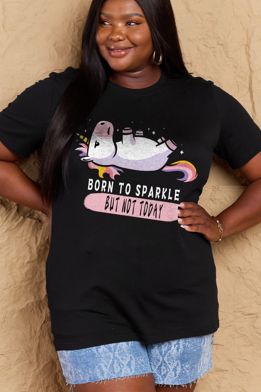 Simply Love Full Size BORN TO SPARKLE BUT NOT TODAY Graphic Cotton Tee  - Doll Fits