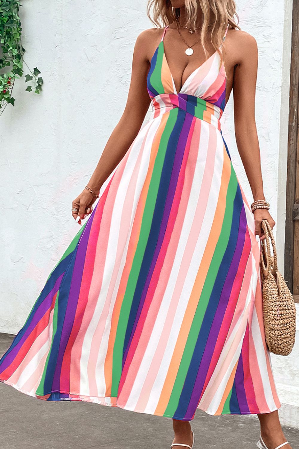 Multicolored Stripe Crisscross Backless Dress  Dresses- Doll Fits