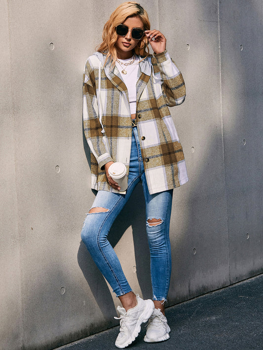 Plaid Dropped Shoulder Hooded Jacket  - Doll Fits