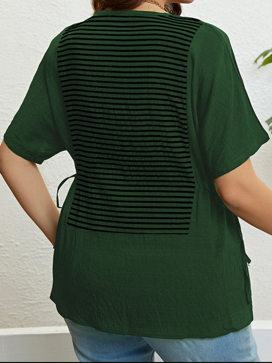 Plus Size Striped Drawstring Slit Top  Shirts & Tops- Doll Fits
