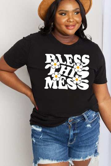 Simply Love Full Size BLESS THIS MESS Graphic Cotton Tee  - Doll Fits