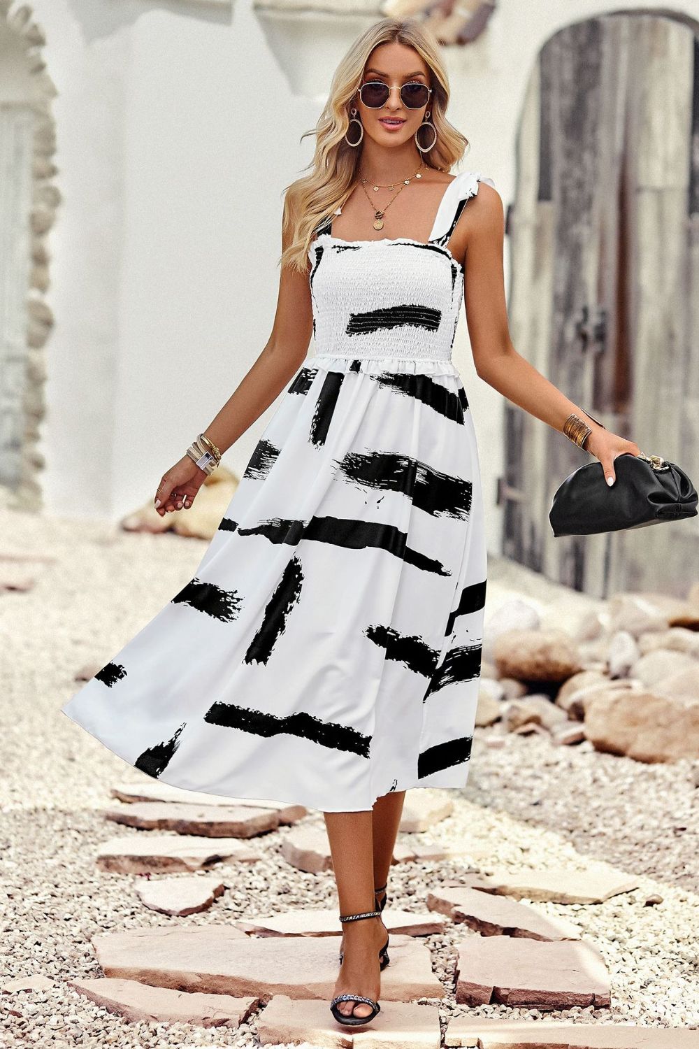 Printed Smocked Tie Shoulder Dress  Dresses- Doll Fits
