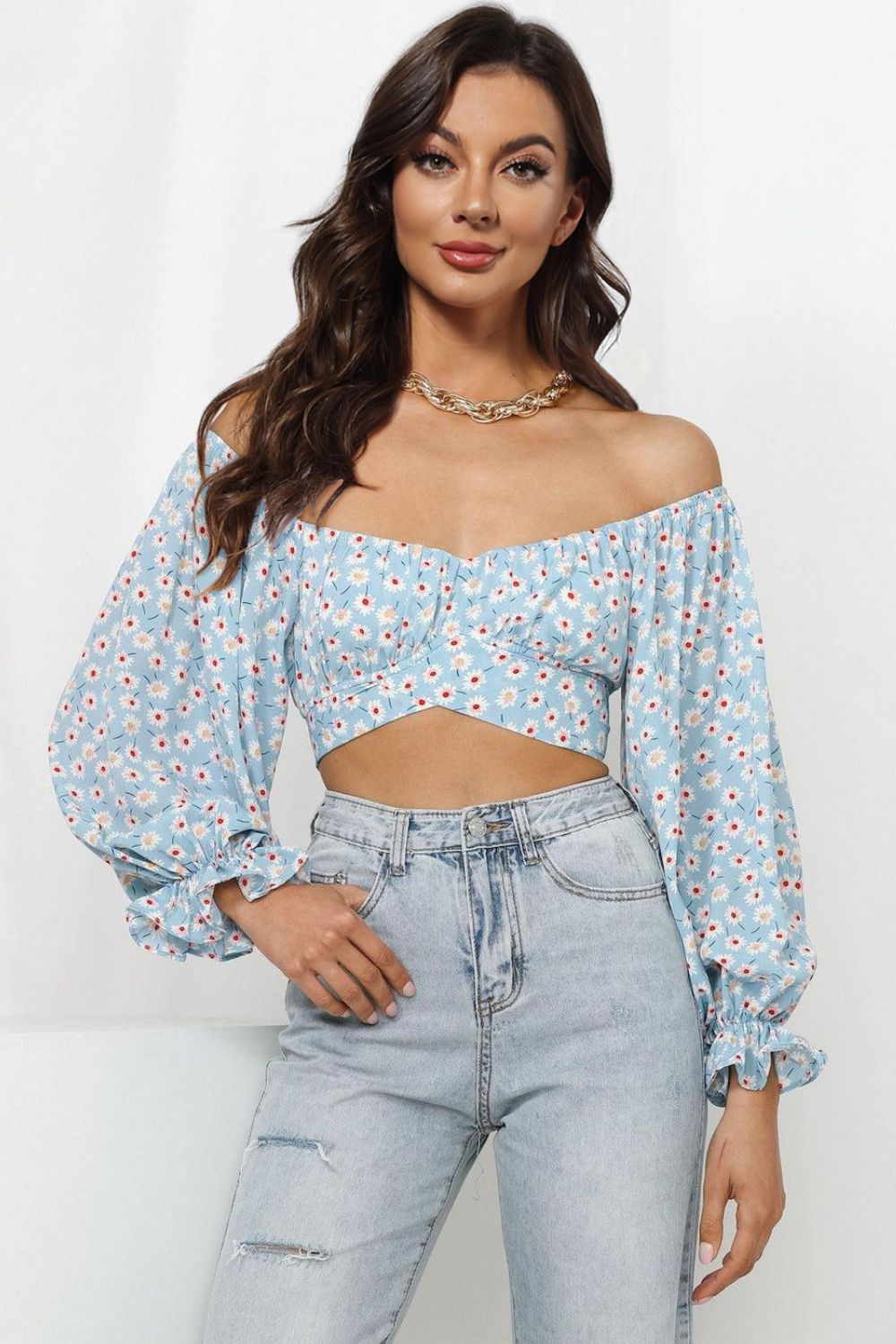 Printed Long Flounce Sleeve Cropped Blouse  Shirts & Tops- Doll Fits