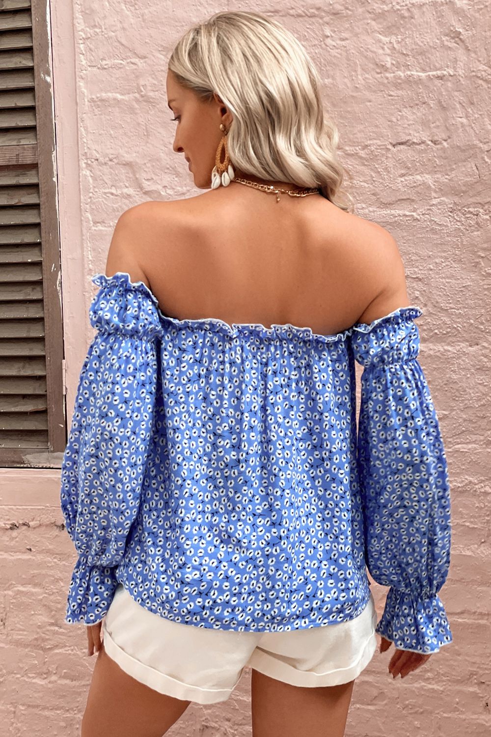 Off Shoulder Printed Frill Trim Blouse  - Doll Fits