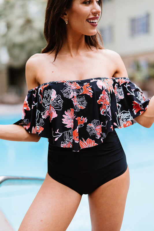 Two-Tone Off-Shoulder One-Piece Swimsuit  Swimwear- Doll Fits