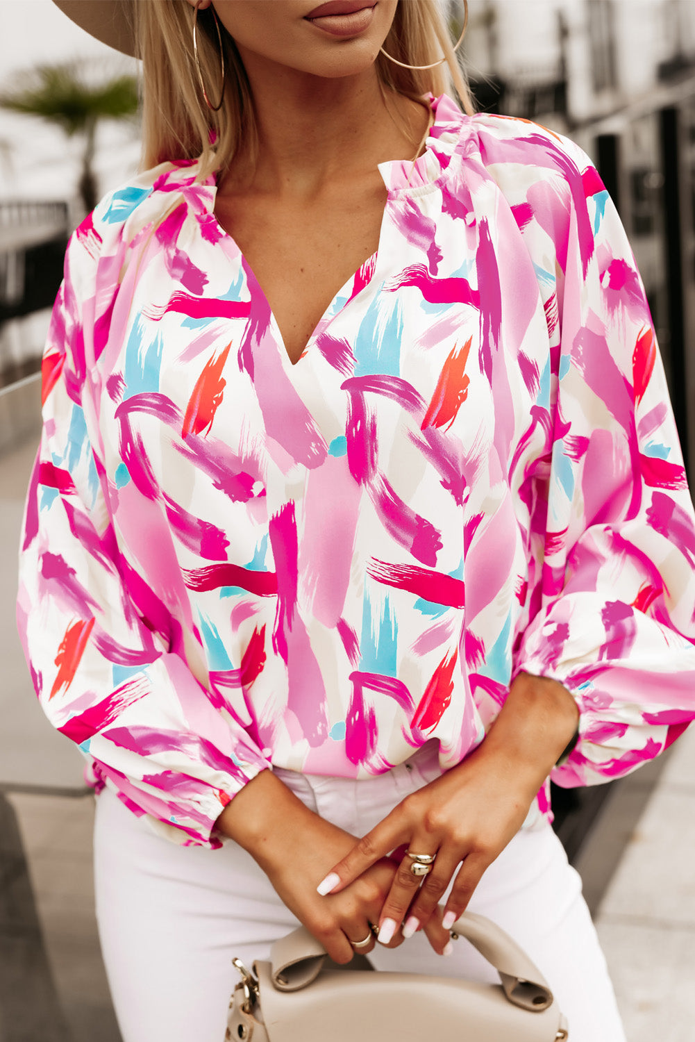 Printed V-Neck Balloon Sleeve Blouse  - Doll Fits